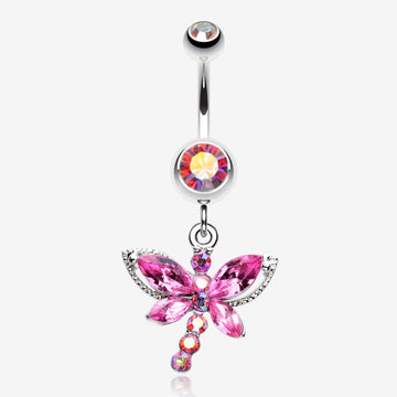 Dragonfly Glam Belly Ring-Pink/Aurora Borealis